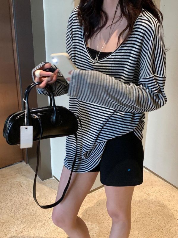 大V領條紋防曬上衣｜顯瘦・韓系百搭款 