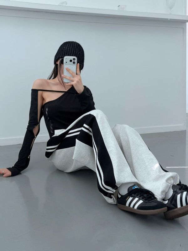 雙線撞色垂墜寬褲 