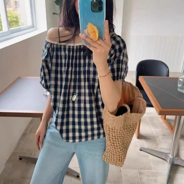 花邊格子方領氣質短袖 