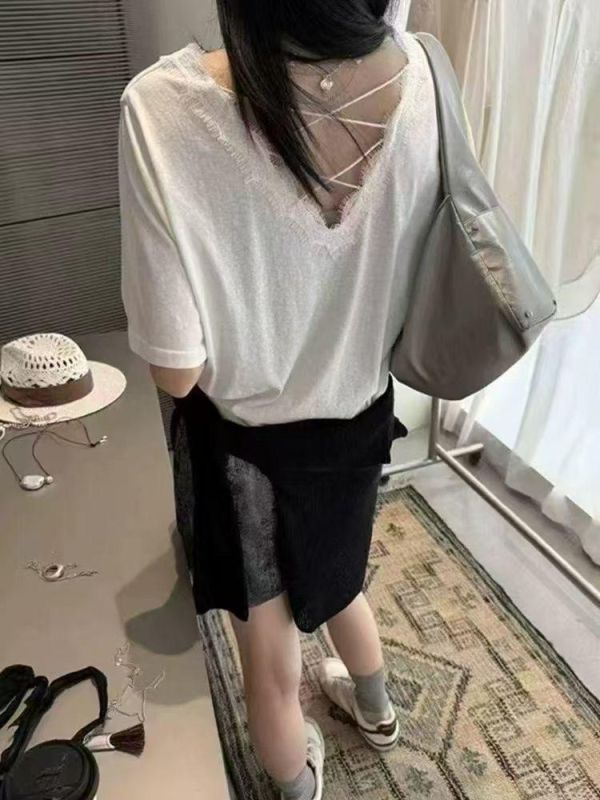 後交叉蕾絲V領上衣 