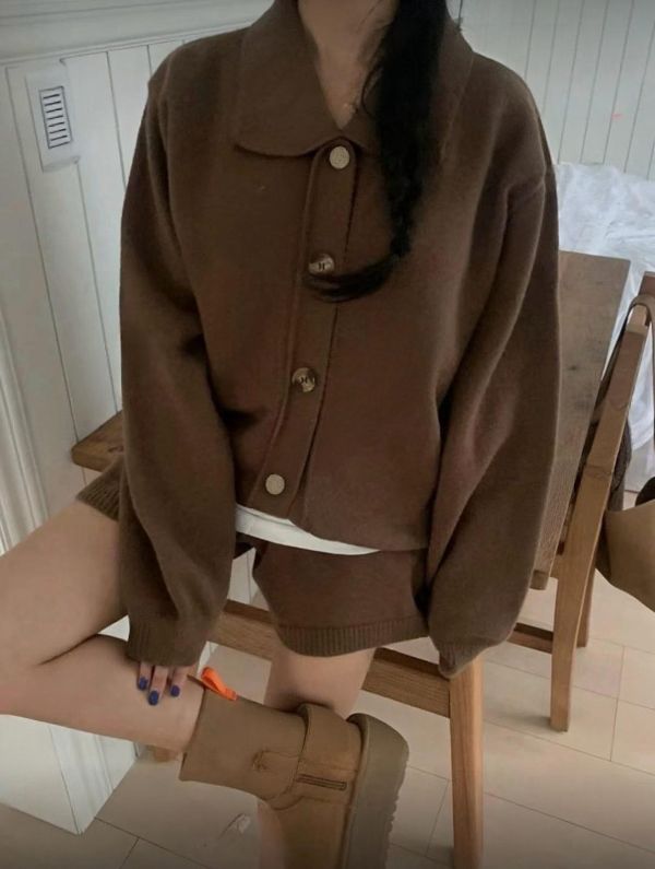 翻領針織短褲套裝 