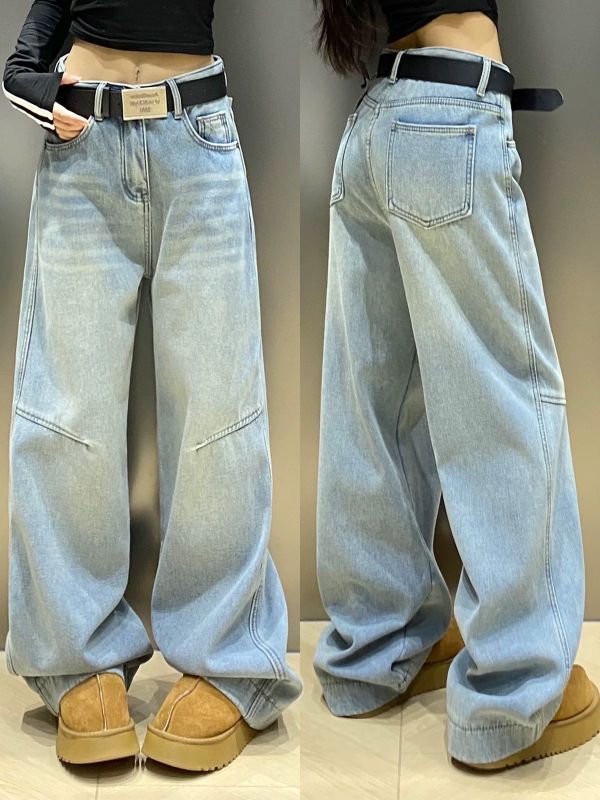 牛仔落地加絨寬褲 