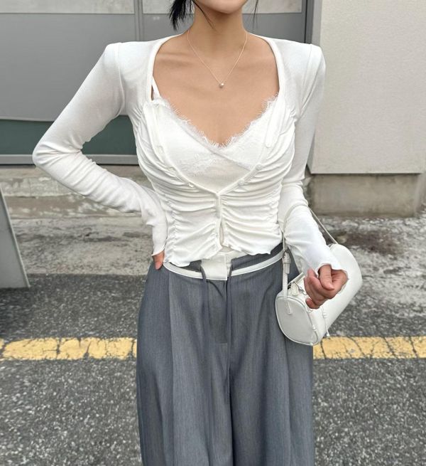 NEW 睫毛蕾絲背心＋羊絨衫｜氣質疊穿兩件組｜內附胸墊 