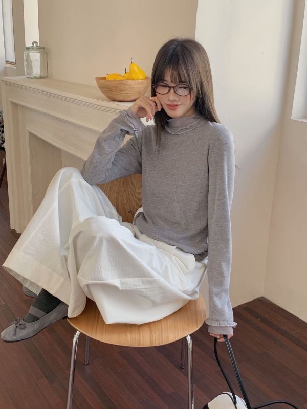 木耳網紗後釦磨毛上衣 