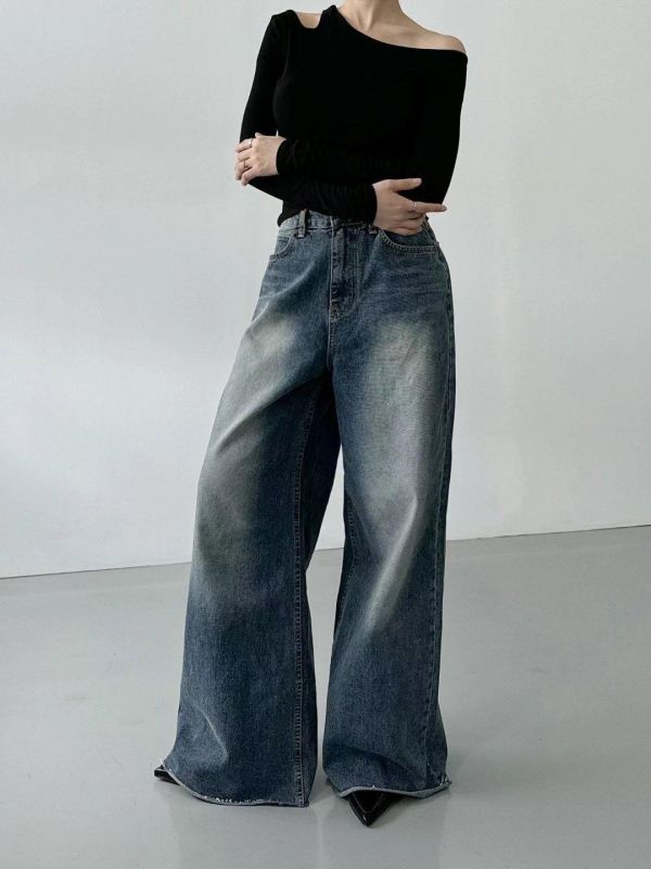 刷色高腰顯瘦落地褲 