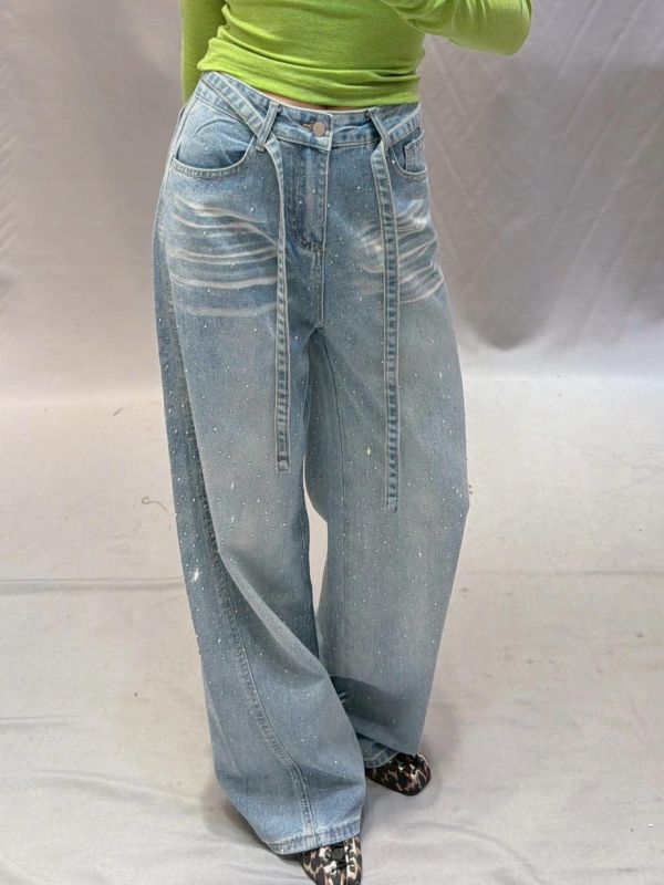 碎鑽直筒牛仔褲 
