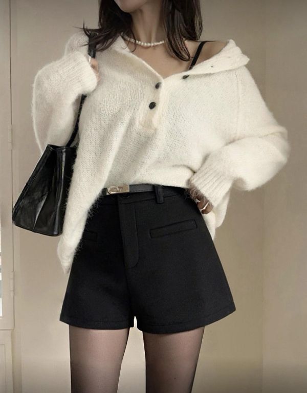 毛呢短褲（附腰帶） 