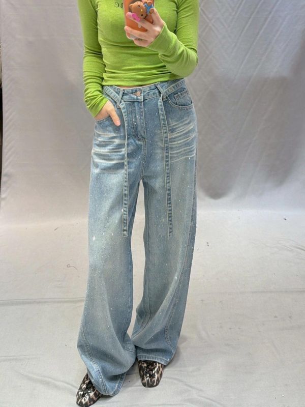 碎鑽直筒牛仔褲 