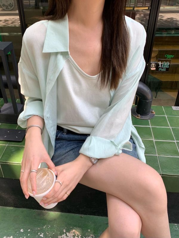 韓系透膚襯衫｜長袖罩衫｜夏季百搭寬鬆襯衫 