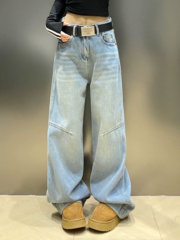 牛仔落地加絨寬褲 