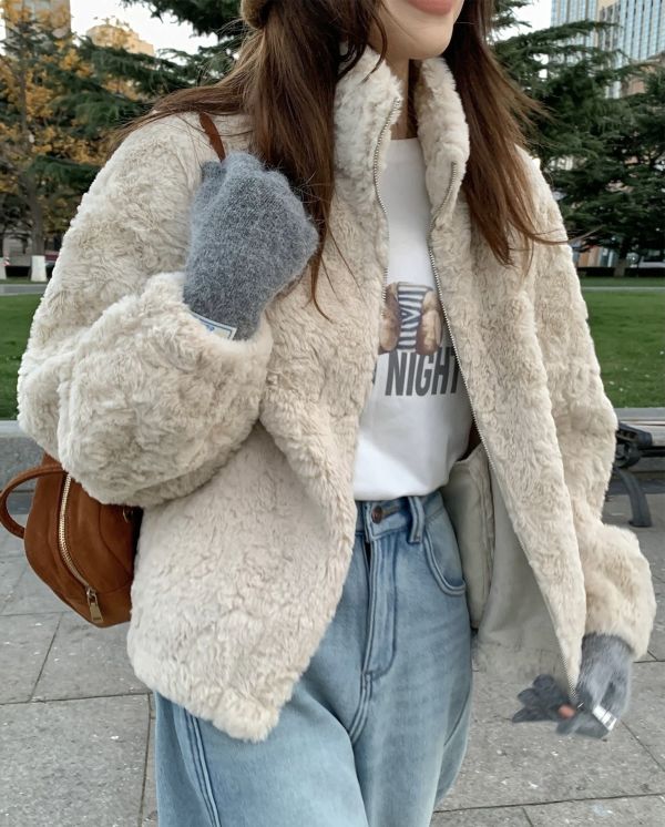 兔絨感拉鍊毛毛外套 