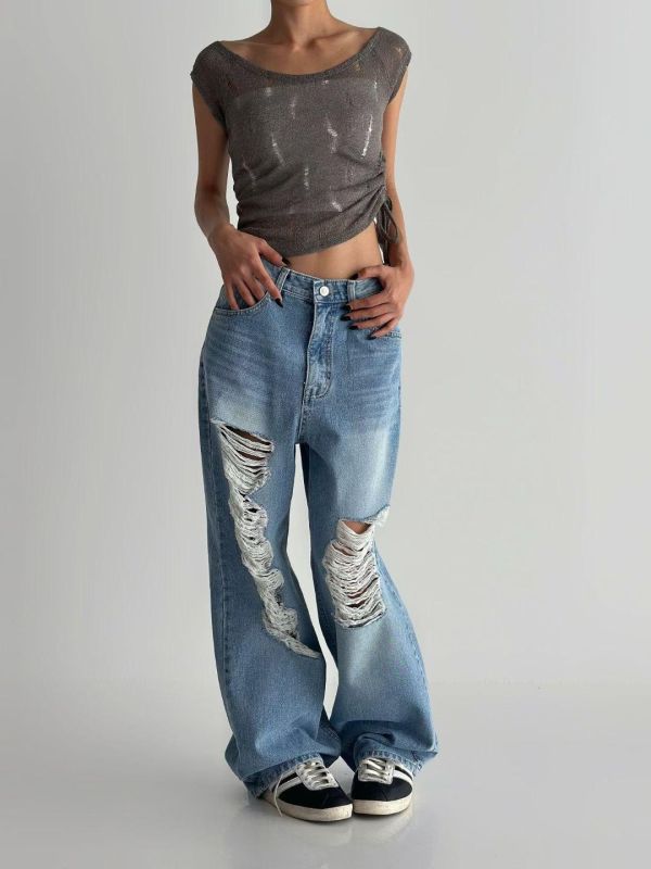 刷破水洗高腰牛仔褲｜顯瘦百搭款 