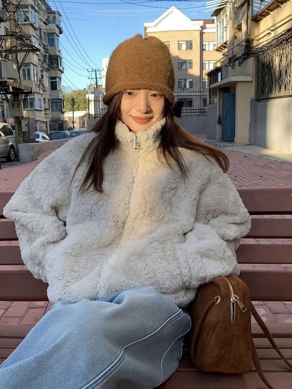 兔絨感拉鍊毛毛外套 