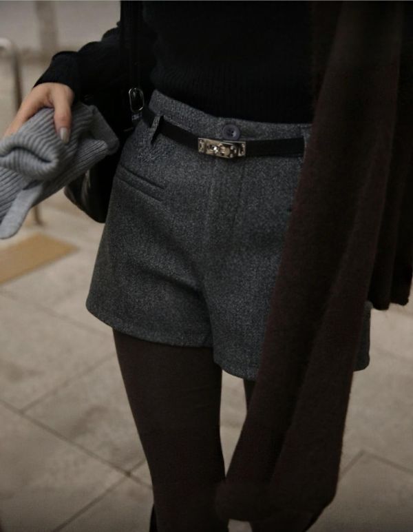 毛呢短褲（附腰帶） 