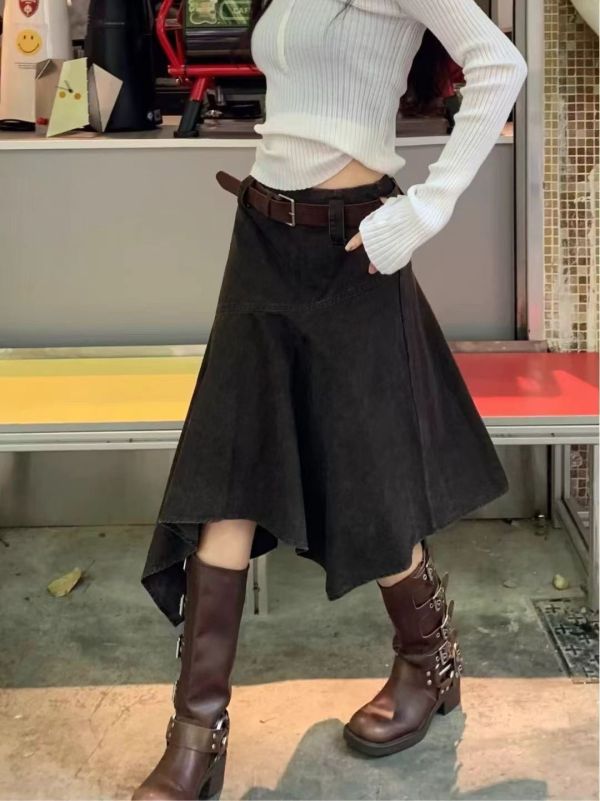 斜擺洗水絨皮帶中裙 