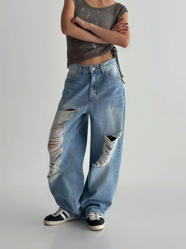 刷破水洗高腰牛仔褲｜顯瘦百搭款 