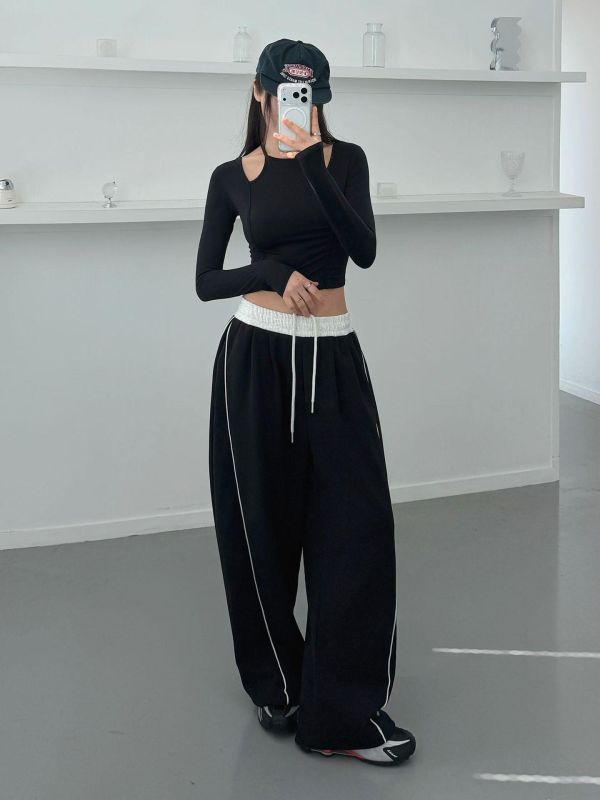 雙線撞色垂墜寬褲 