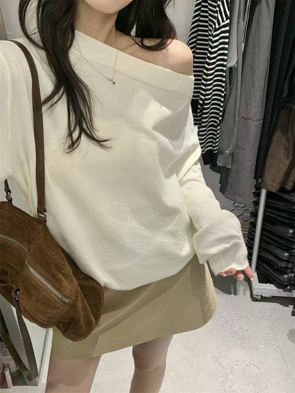 溫柔甜美設計感斜肩/一字肩/正肩顯瘦百搭針織上衣 