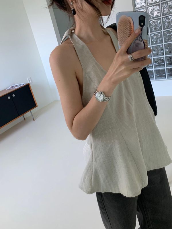 法式露背綁帶傘擺上衣 