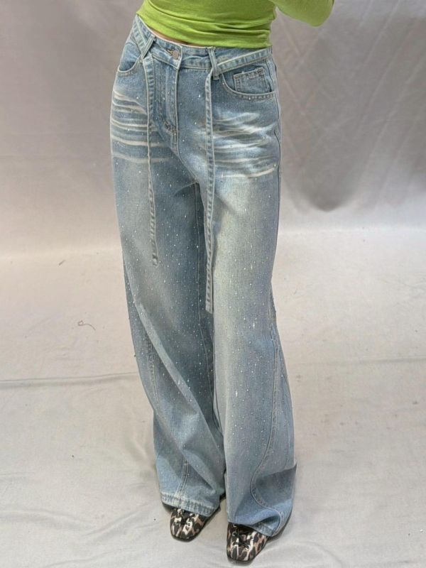 碎鑽直筒牛仔褲 