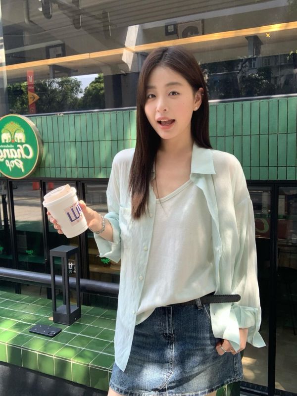 韓系透膚襯衫｜長袖罩衫｜夏季百搭寬鬆襯衫 