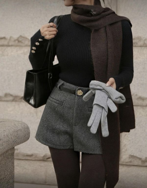 毛呢短褲（附腰帶） 