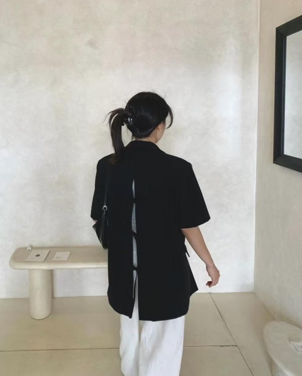 韓系高級感綁帶短袖西裝外套 
