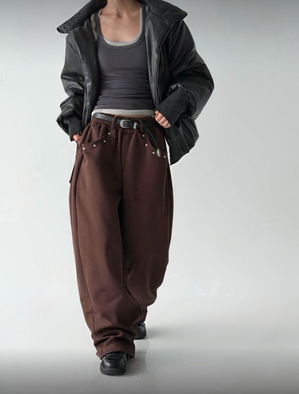 鉚釘內加絨長褲 