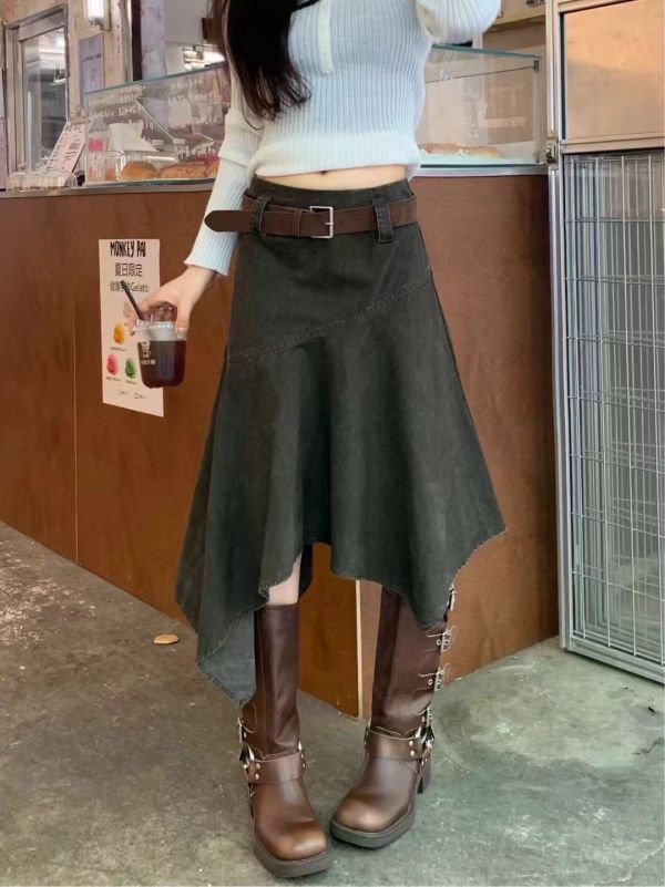 斜擺洗水絨皮帶中裙 