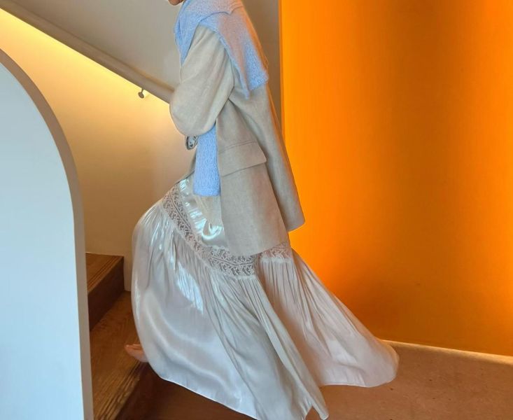 光澤感緞面蕾絲長裙 蕾絲裙