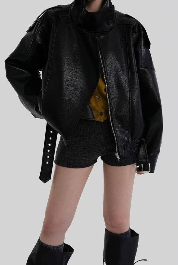 寬肩翻領機車皮外套 皮衣