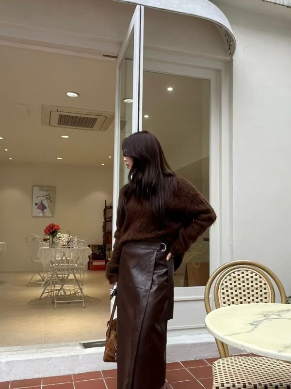 質感皮革側釦長裙 皮裙