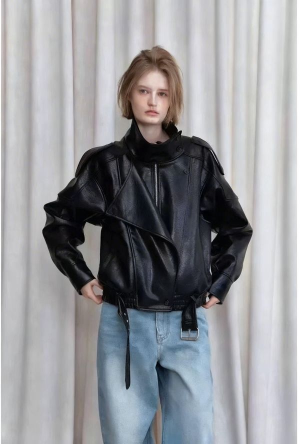 寬肩翻領機車皮外套 皮衣