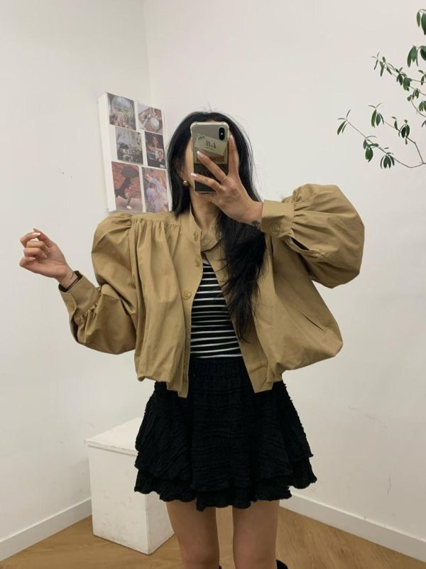 立領澎袖束口短版風衣 短版風衣