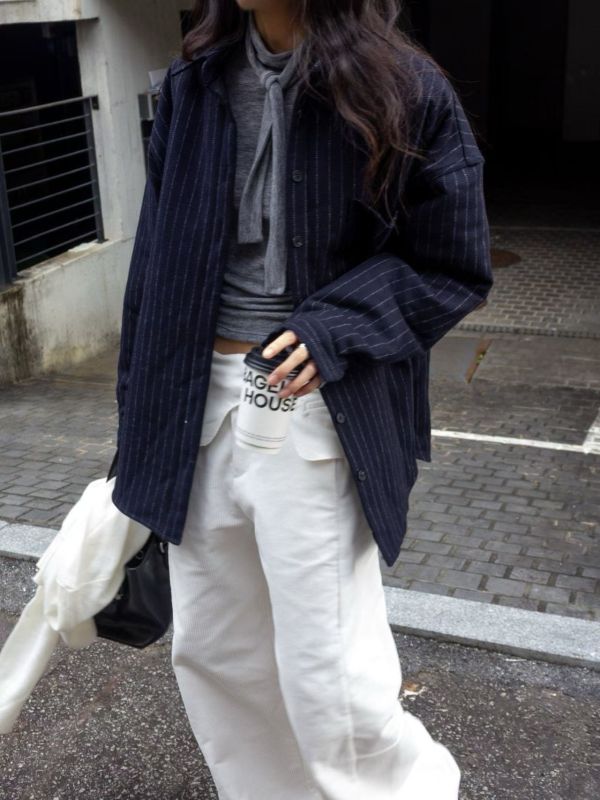 寬袖落肩條紋襯衫 襯衫