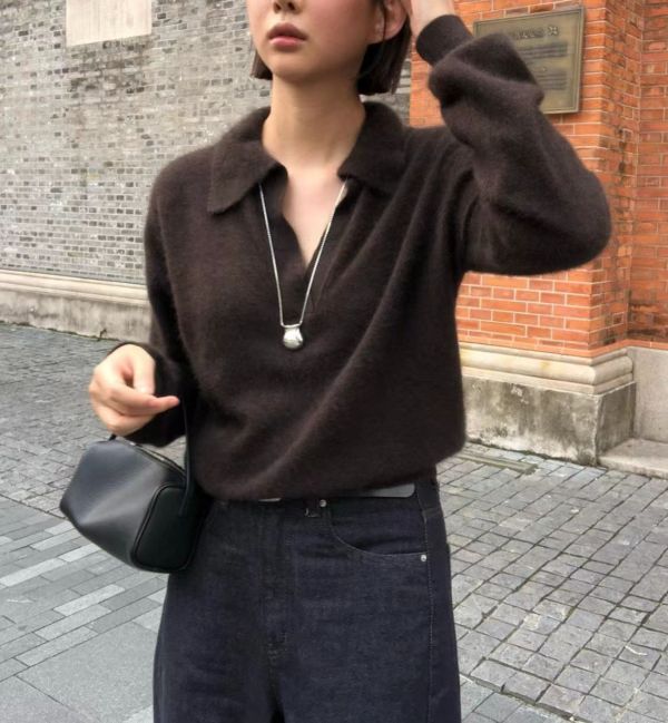 柔絨質感翻領上衣 翻領針織上衣