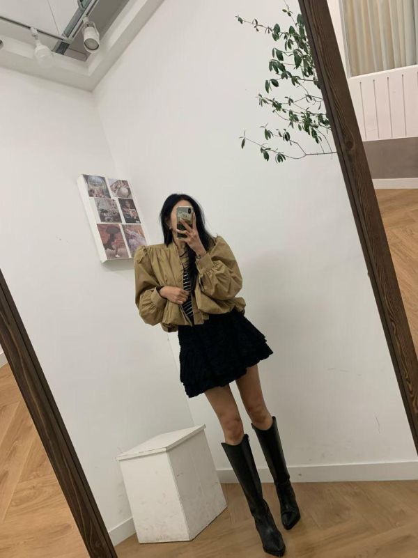 立領澎袖束口短版風衣 短版風衣