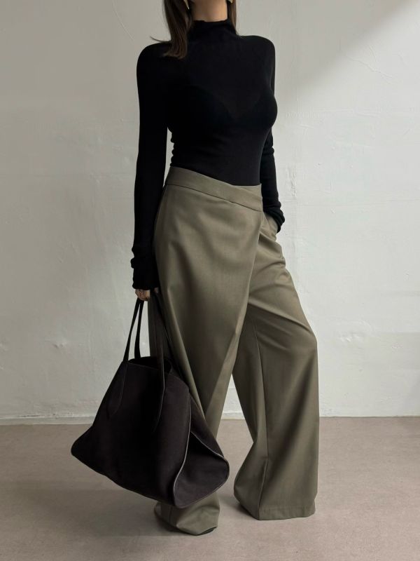 斜裁設計寬版長褲 寬褲