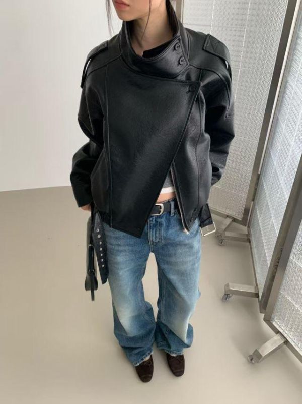 寬肩翻領機車皮外套 皮衣