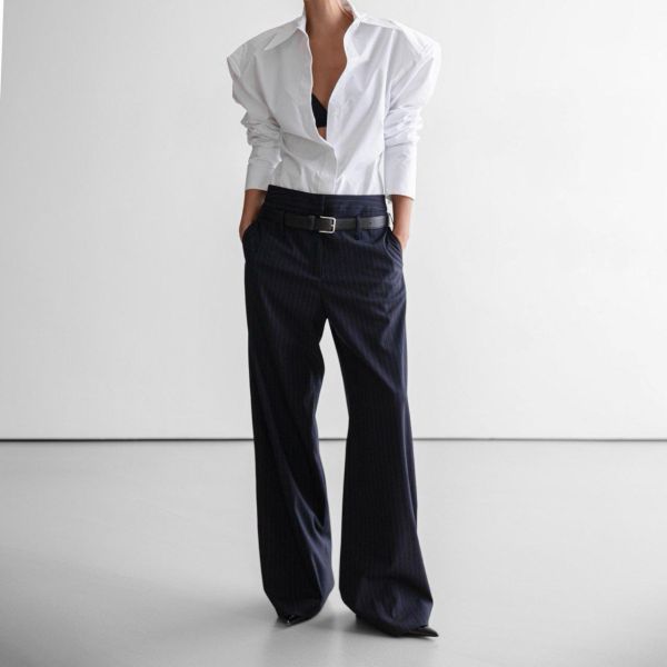 高腰修身條紋西裝褲 條紋西裝褲