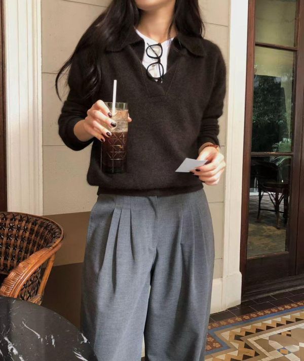 柔絨質感翻領上衣 翻領針織上衣