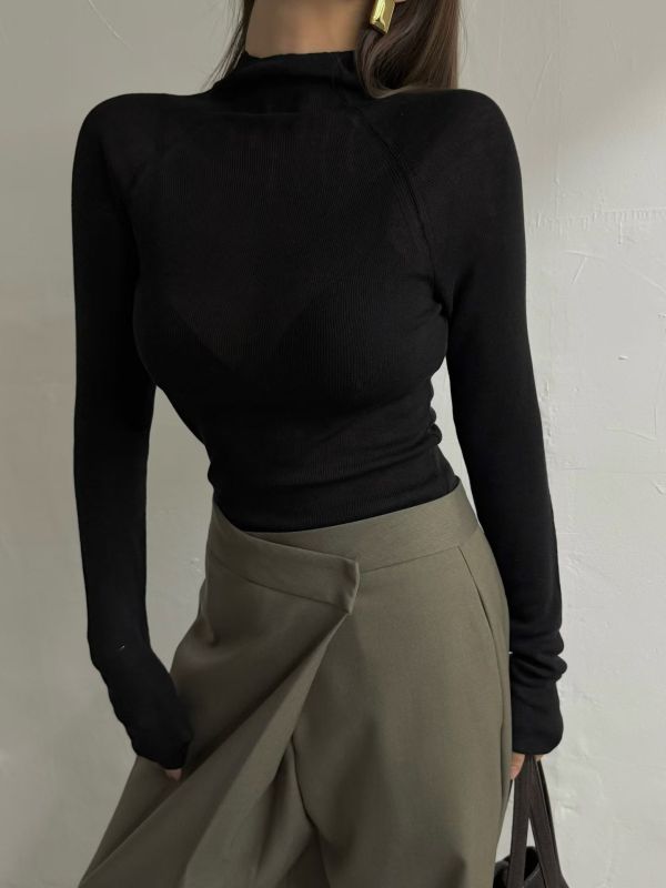 立領貼膚細針織長袖 