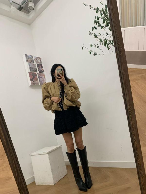 立領澎袖束口短版風衣 短版風衣