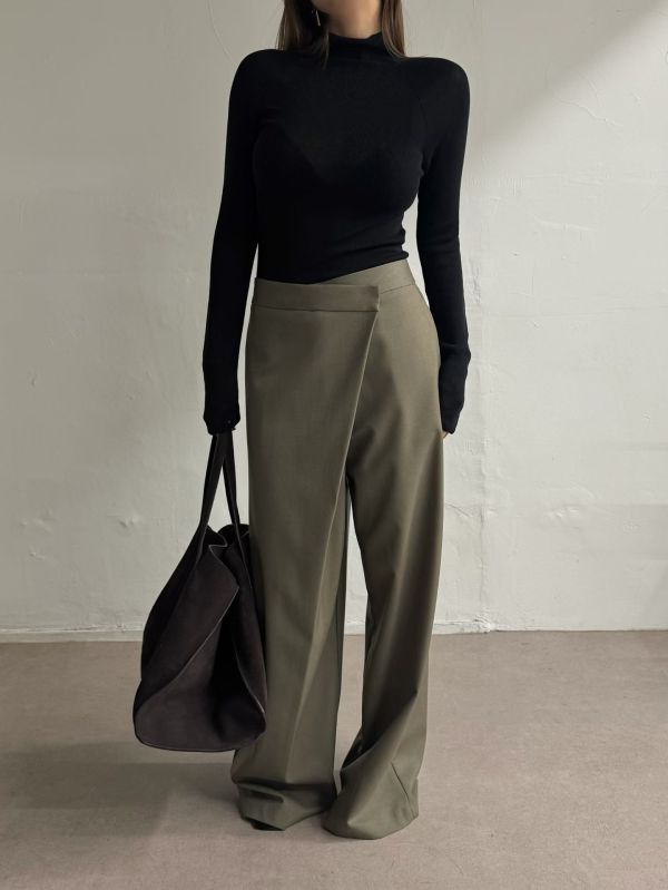 斜裁設計寬版長褲 寬褲