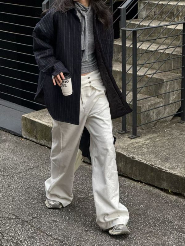 寬袖落肩條紋襯衫 襯衫