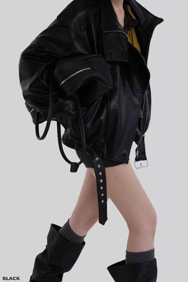 寬肩翻領機車皮外套 皮衣