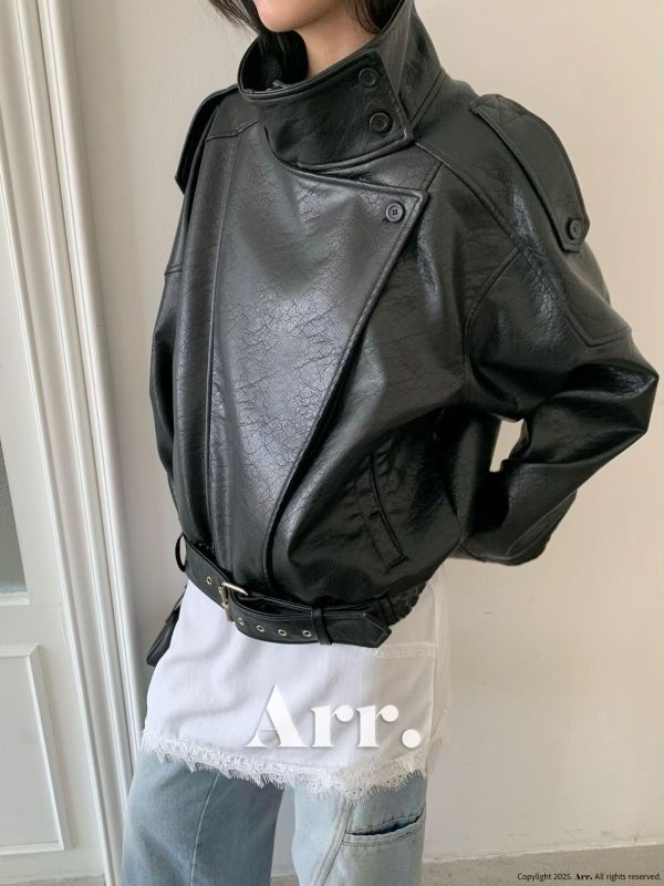 寬肩翻領機車皮外套 皮衣