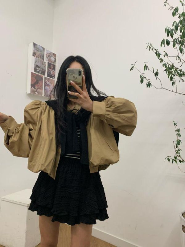 立領澎袖束口短版風衣 短版風衣