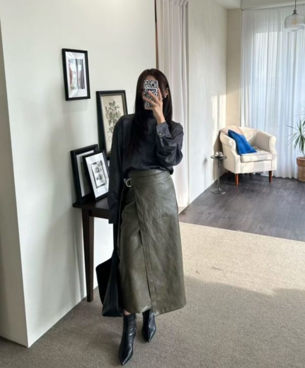 質感皮革側釦長裙 皮裙