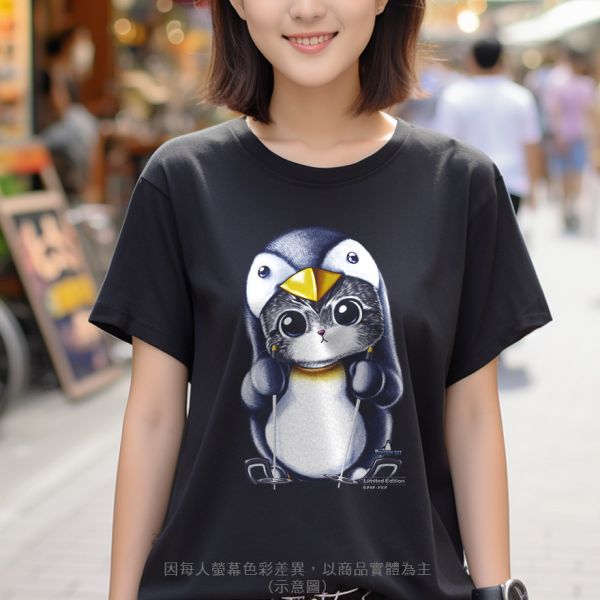 台灣TAIWAN自創品牌潮流T恤-圓領純棉短袖T-限定版(轉印)-企鵝貓 印花T恤、插畫T、創意圖案T恤、MITT恤、台灣製T恤、高品質純棉T恤、情侶T恤、情侶裝T恤、情侶短袖